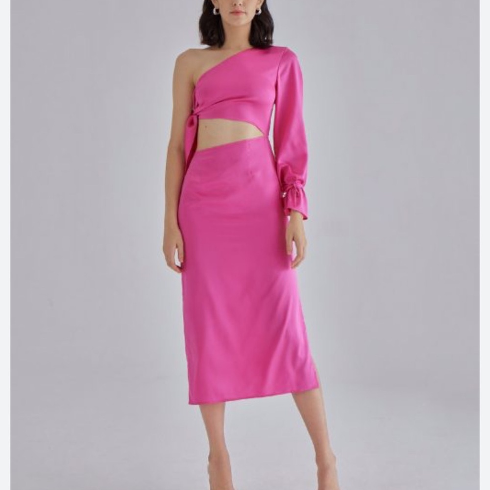 100% Silk Hot pink silk midi, one shoulder dress